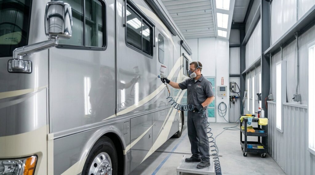 A technician wearing protective gear sprays a clear coat onto a large, grey and beige RV in a professional paint booth. (Representative image for illustration purposes only. Actual vehicle may vary based on trim and configuration.)