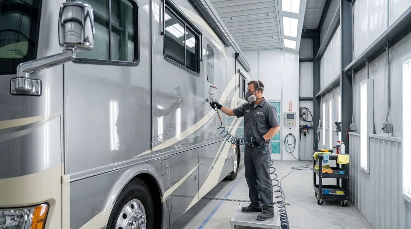 A technician wearing protective gear sprays a clear coat onto a large, grey and beige RV in a professional paint booth. (Representative image for illustration purposes only. Actual vehicle may vary based on trim and configuration.)
